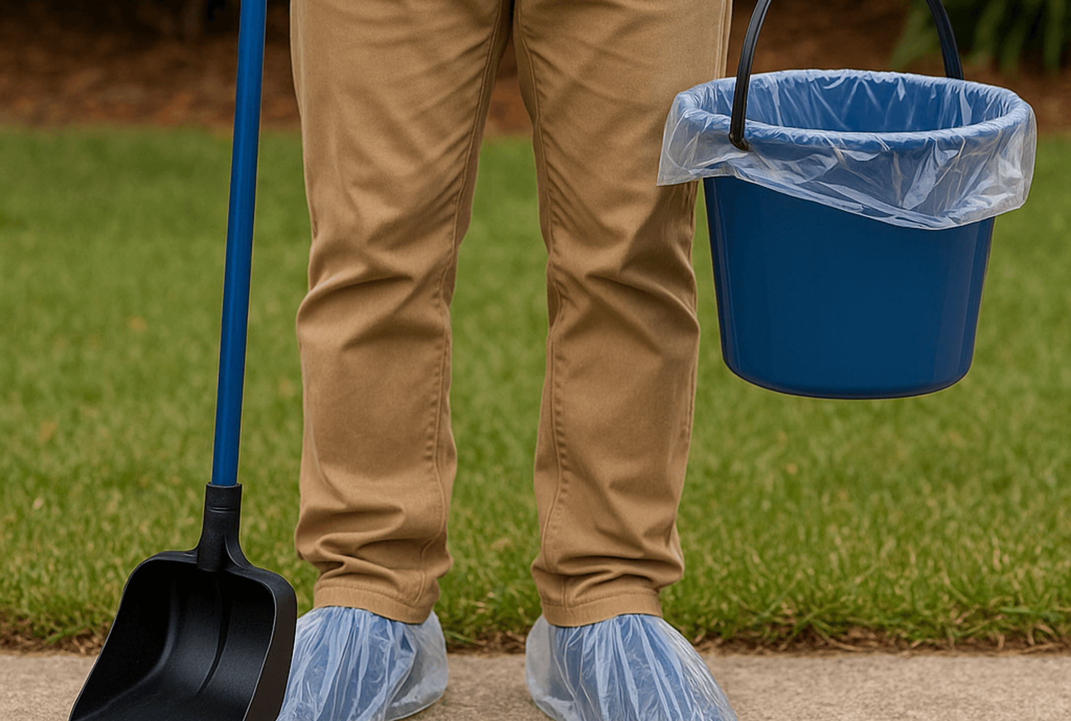 Service professional removing pet waste from a backyard lawn.